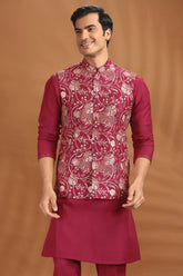 Rani Pink Silk Kurta Pajama with Embroidered Jacket